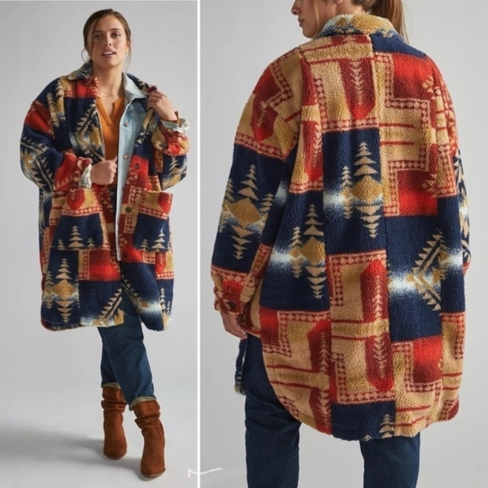 Anthropologie Pilcro Geometric Sherpa Fleece Longline Coat Jacket XS